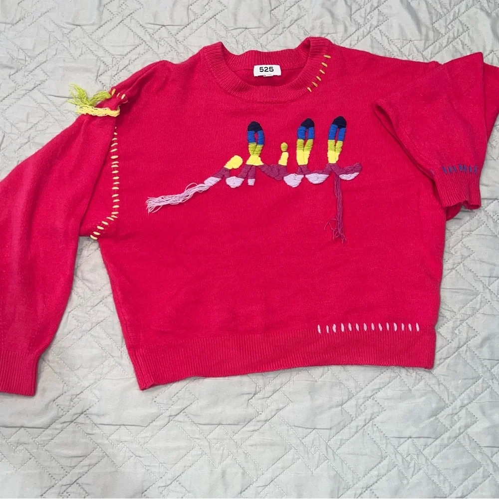 525 Embroidered Knit Cropped Sweater — Pink — Artsy Statement Top - Picture 2 of 6